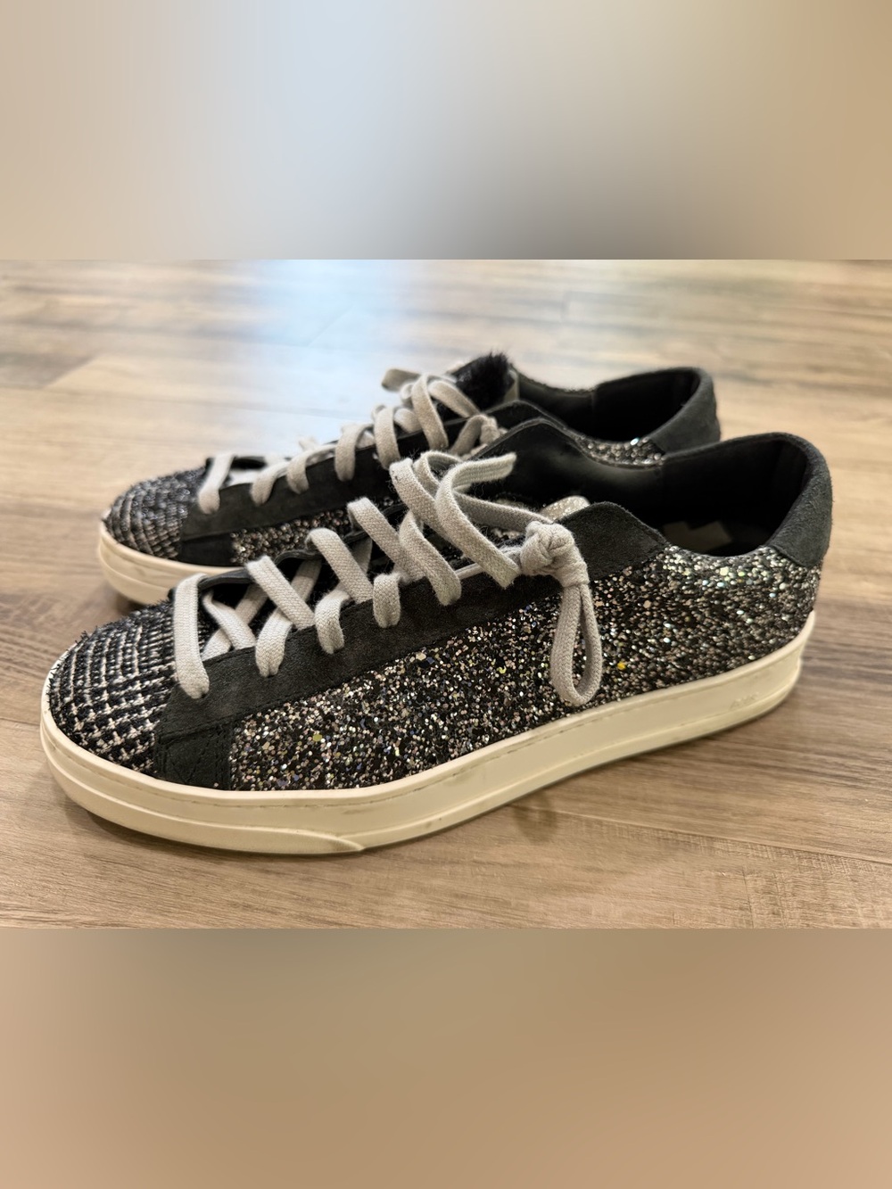 P448 John Shaka Glitter Tweed Sneakers Black Silver Sparkle Suede EU 40 US 9 - Picture 3 of 9